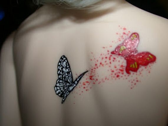Cute 3D Two Butterfly Tattoo On Upper Back