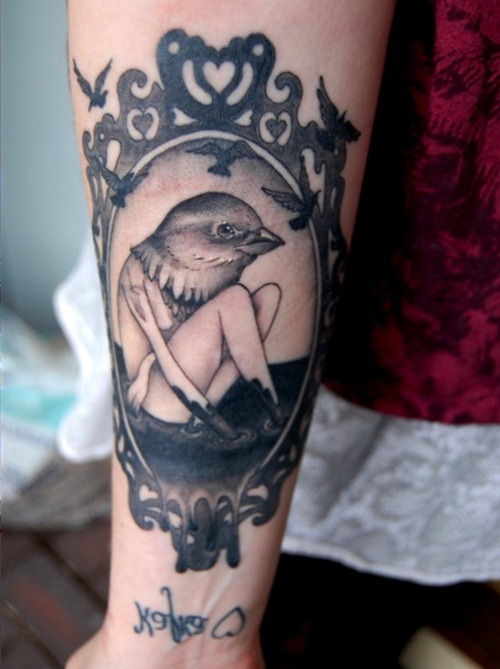 Cute Bird Head Girl In Frame Tattoo Design For Forearm
