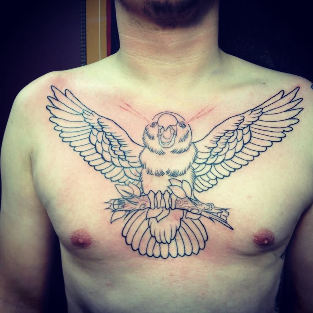Cute Black Outline Parrot Tattoo On Man Chest