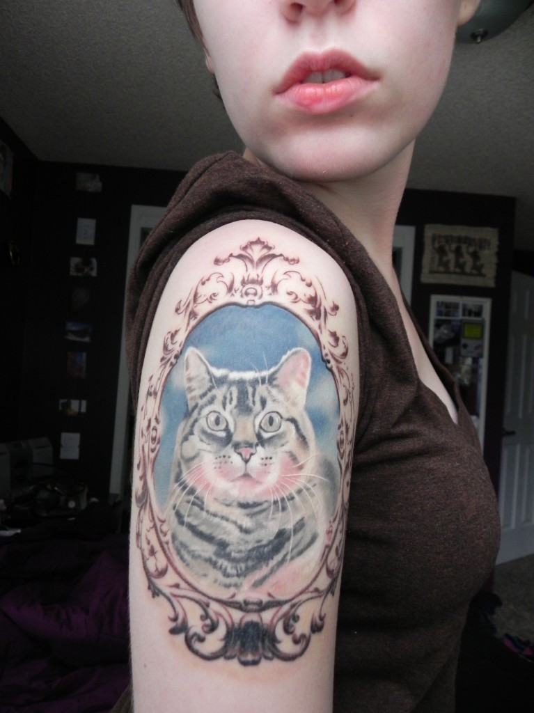 Cute Cat Head In Frame Tattoo On Right Shoulder