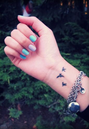 Cute Flying Birds Tattoo On Wrist For Girls