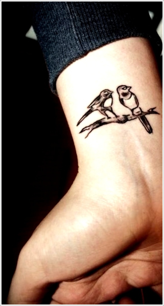 Cute Two Birds Sit On Branch Tattoo On Wrist
