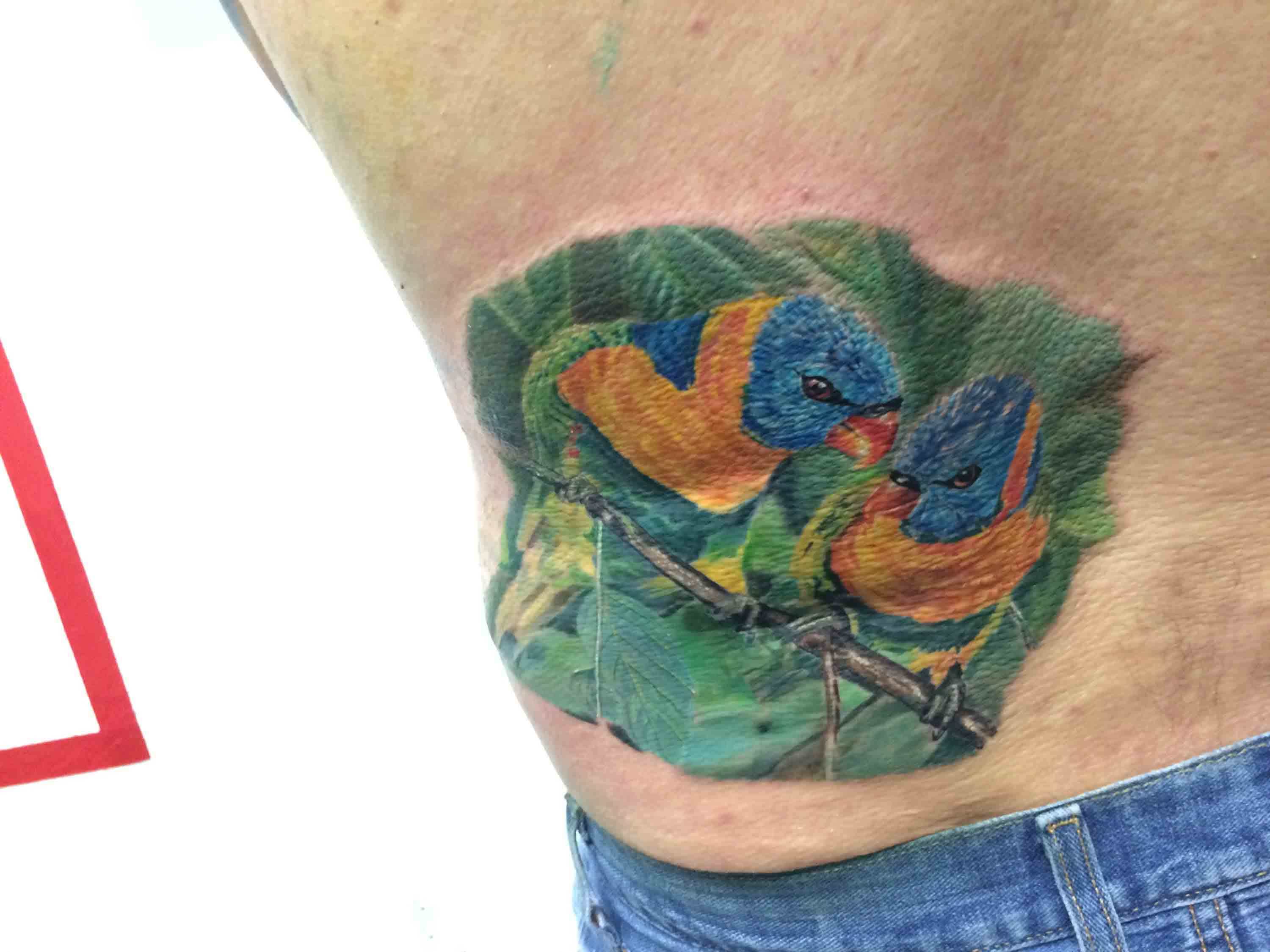 Cute Two Parrots Tattoo Design For Side Rib By Alan Ramirez