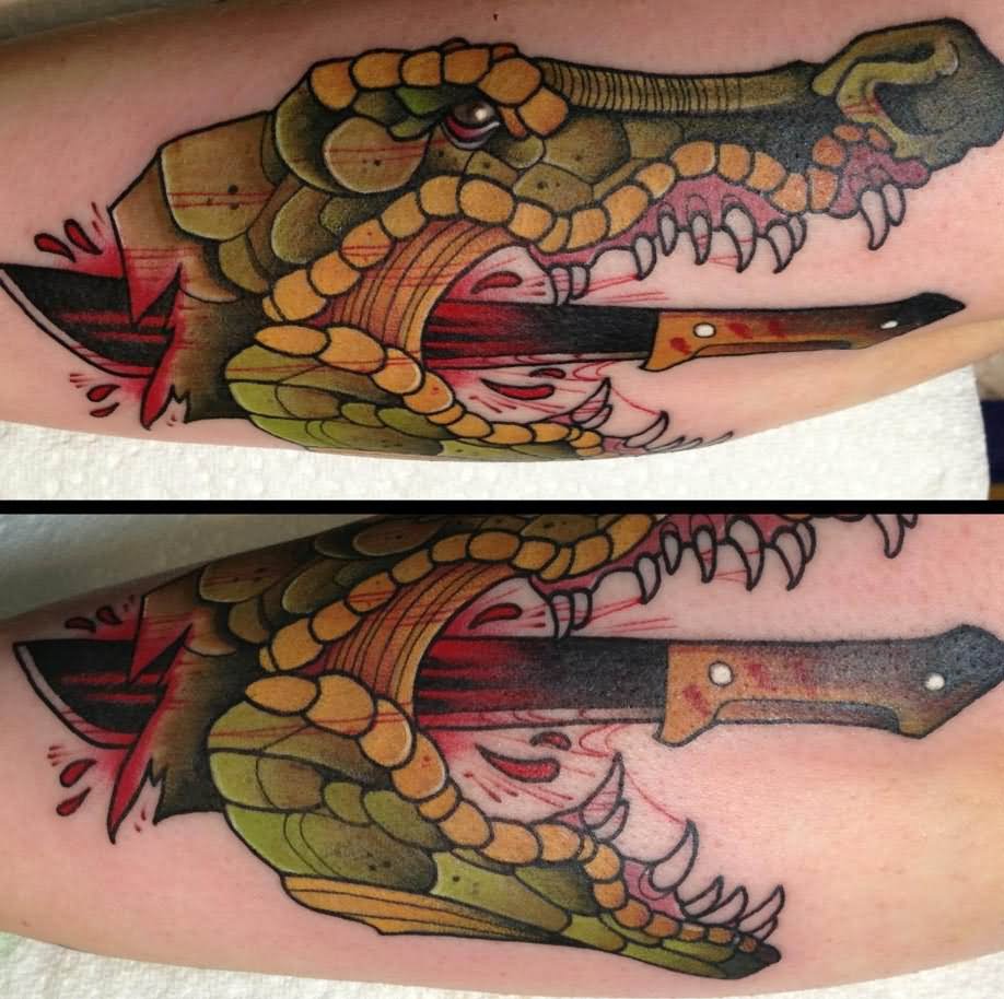 Dagger In Alligator Mouth Tattoo Design