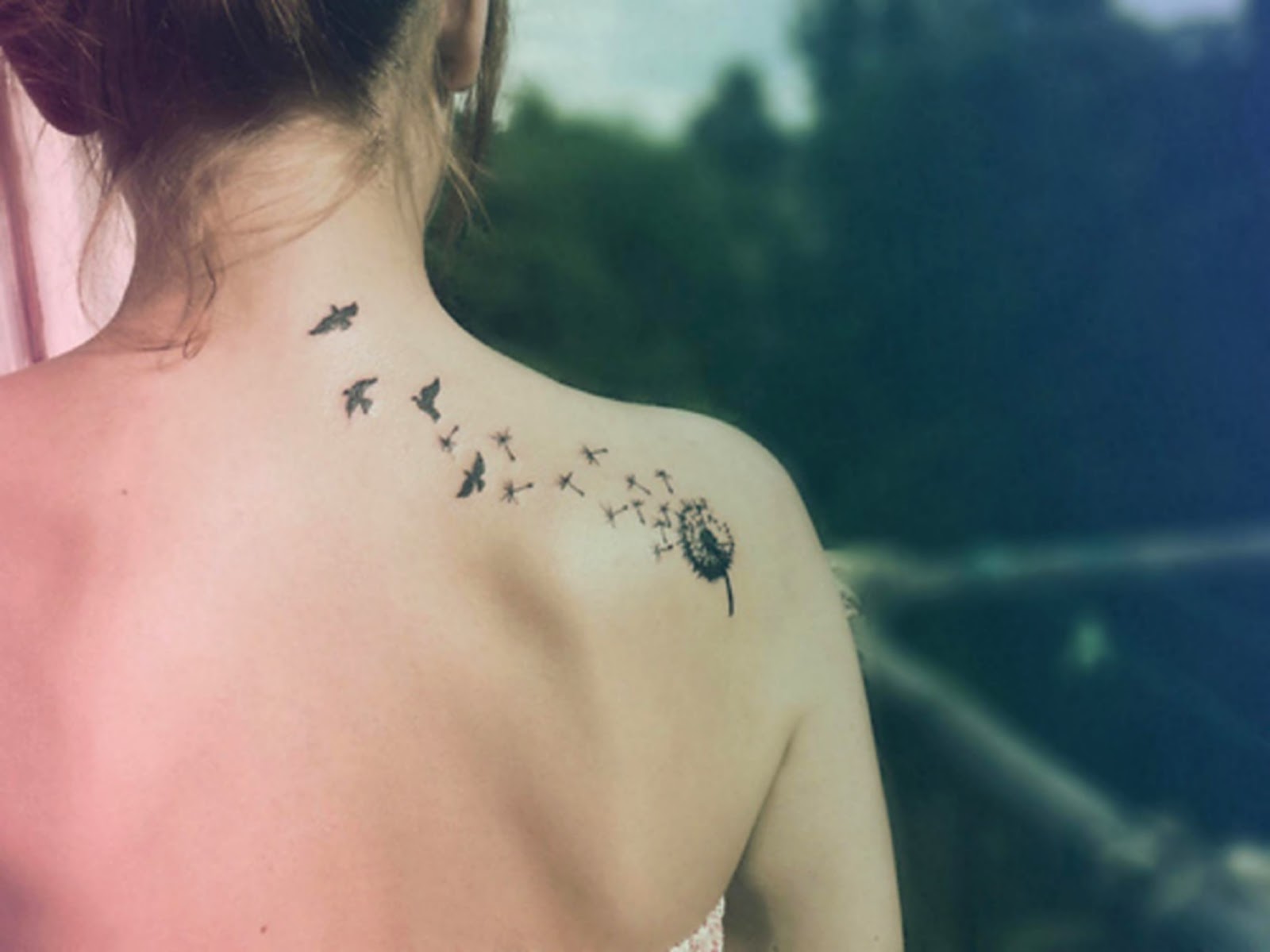 Dandelion With Flying Birds Tattoo On Right Back Shoulder