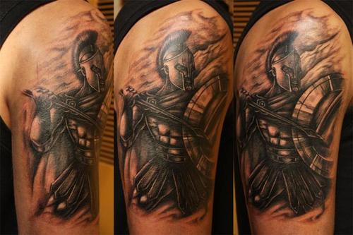 Dark Ink Spartan Tattoo On Half Sleeve