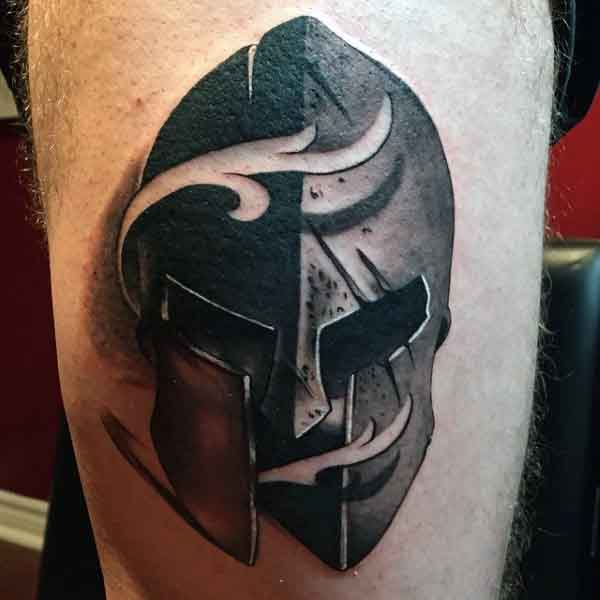 Dark Ink Spartan Tattoo On Leg