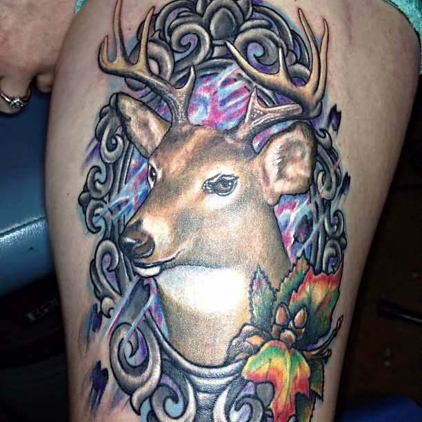 Deer Head In Frame Tattoo Design For Thigh