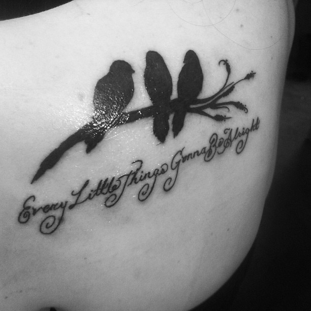 Every Little Things Gonna Be Alright - Black Three Birds Sit On Branch Tattoo Design