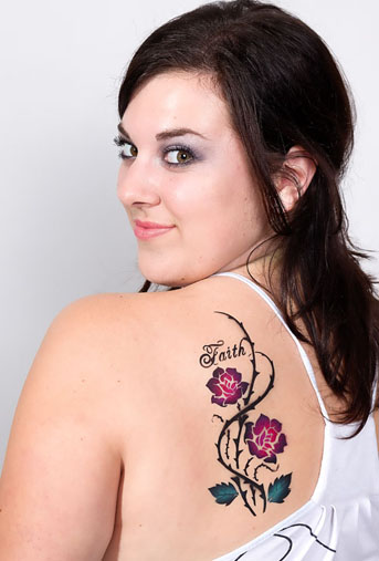 Faith - Airbrush Flowers Tattoo On Girl Left Back Shoulder