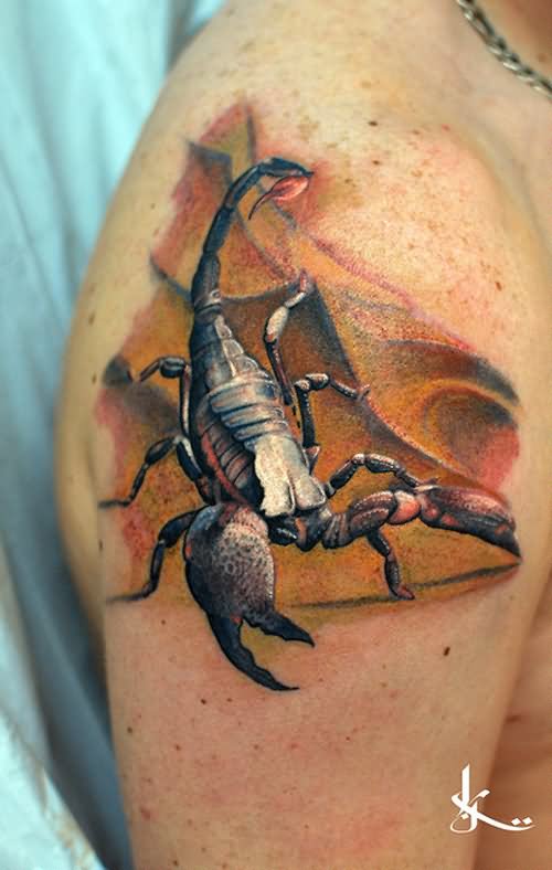 Fantastic 3D Scorpion Tattoo On Right Shoulder