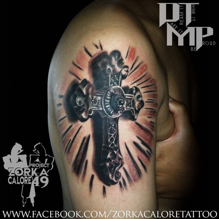 Fantastic Black Ink 3D Cross Tattoo On Right Shoulder