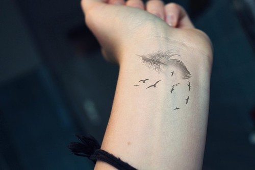 Feather And Flying Birds Wrist Tattoo