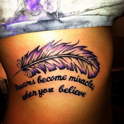 Feather And Quote Tattoo On Side Rib For Girls