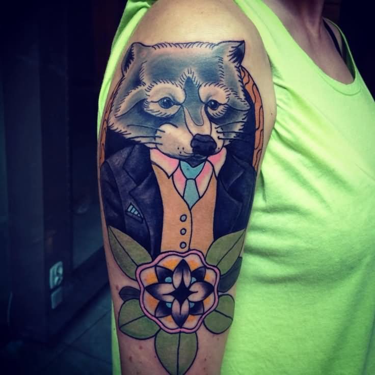 Flower And Gentleman Raccoon Tattoo On Half Sleeve by Aleksandr Miheenko