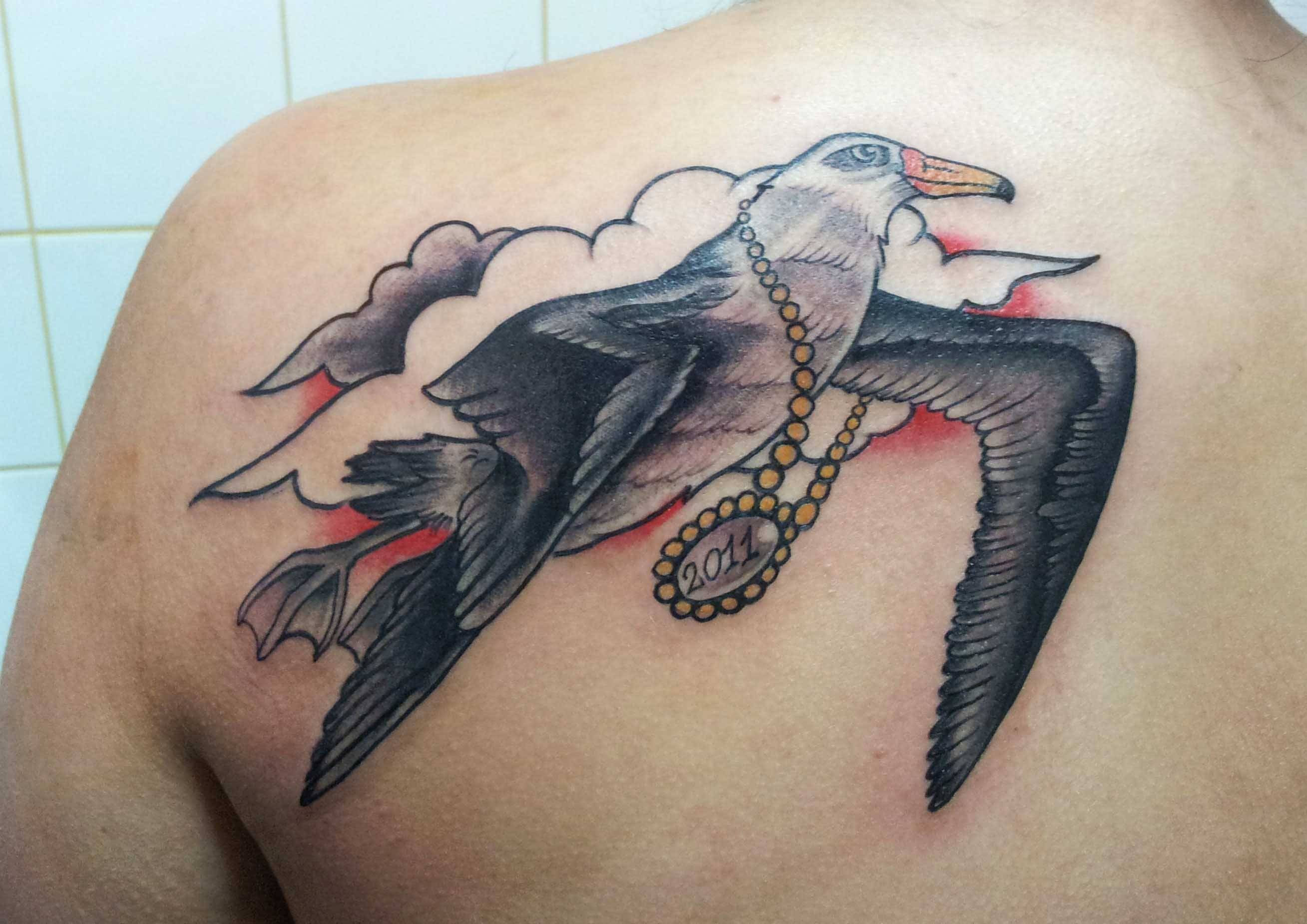 Flying Albatross Tattoo On Left Back Shoulder