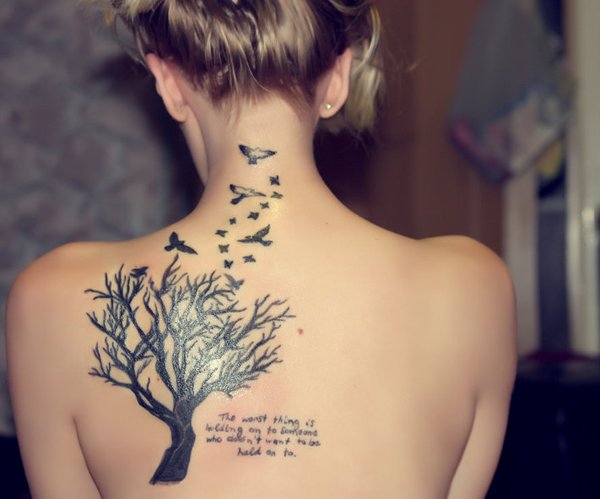 Flying Birds And Tree Quote Tattoo On Upper Back