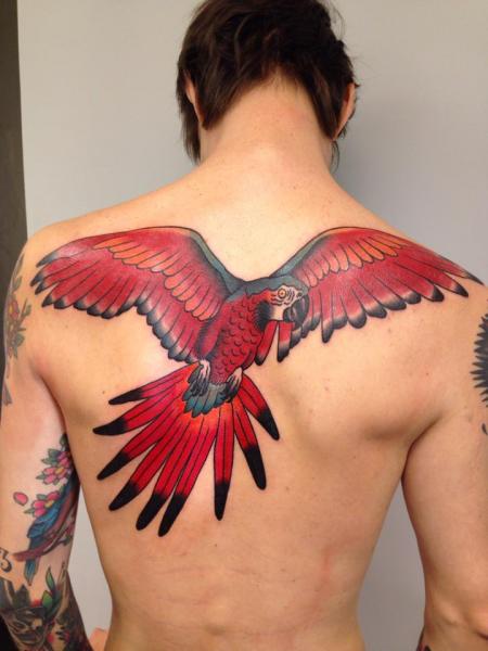 Flying Parrot Tattoo On Man Upper Back By Filip Henningsson
