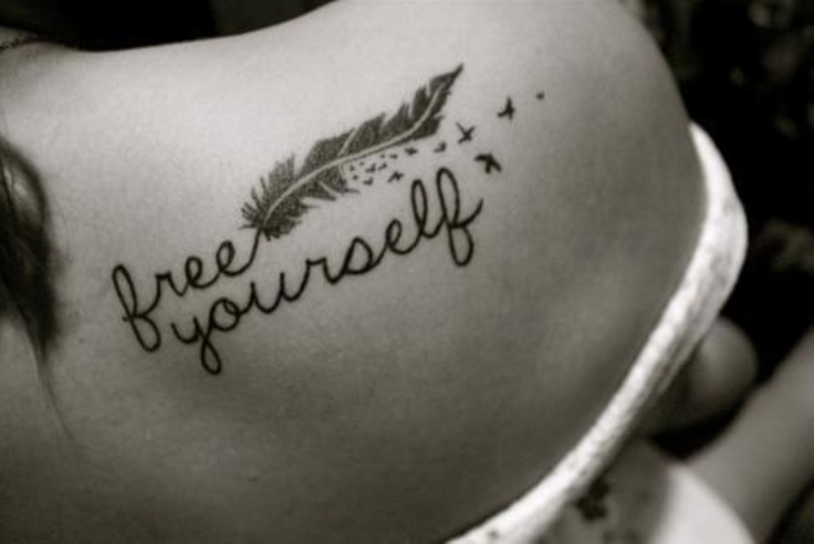 Free Yourself - Black Feather With Flying Birds Tattoo Right Back Shoulder