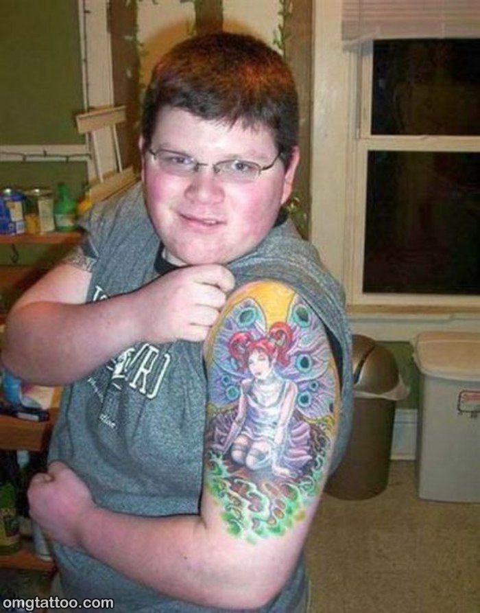 Funny Fat Tough Boy Showing Tattoo