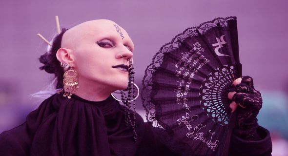 Funny Gothic Bald Girl With Hand Fan