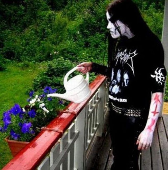 Funny Gothic Man Watering Plant Picture