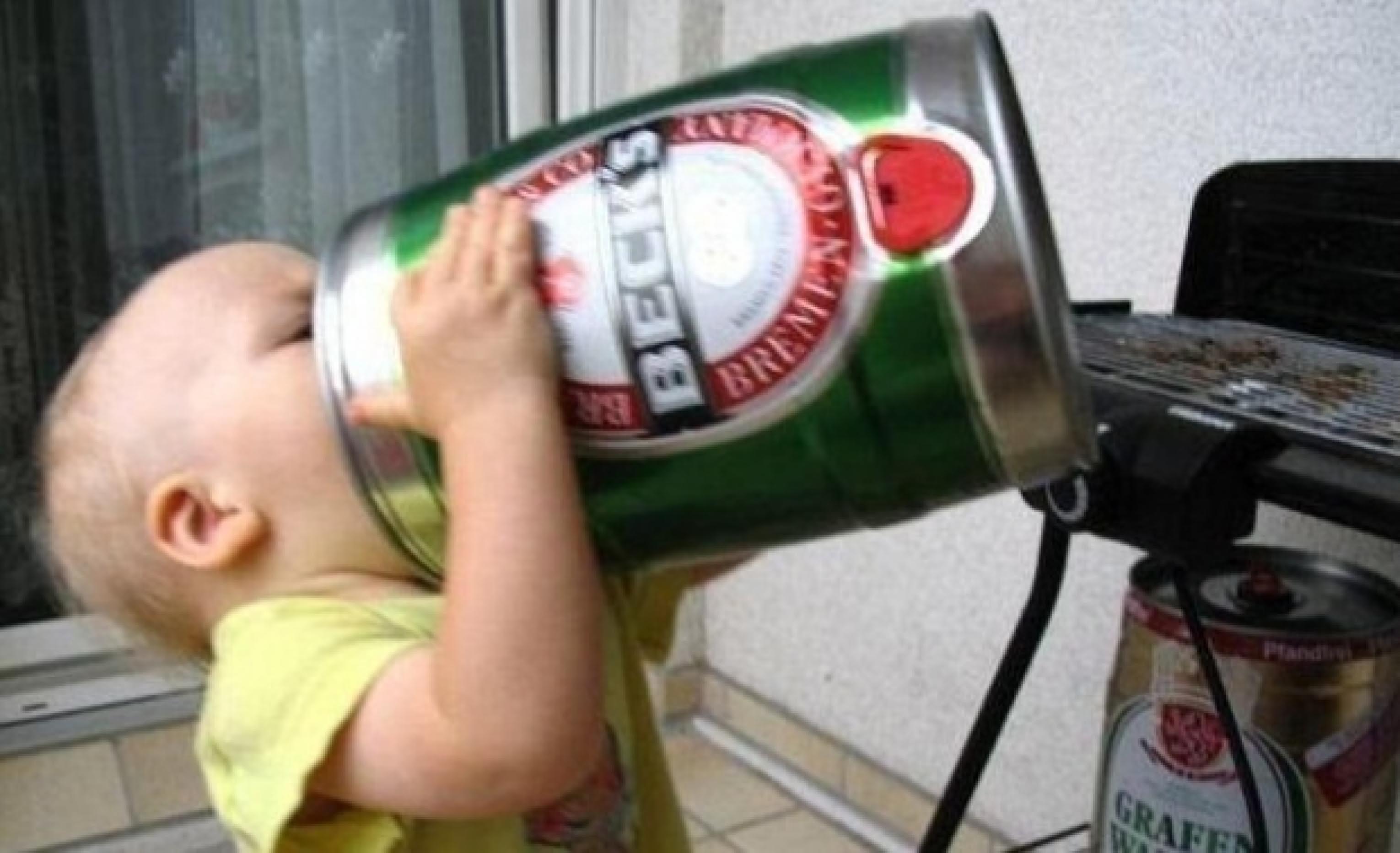 Funny Situations Baby Drinking Giant Beer Can
