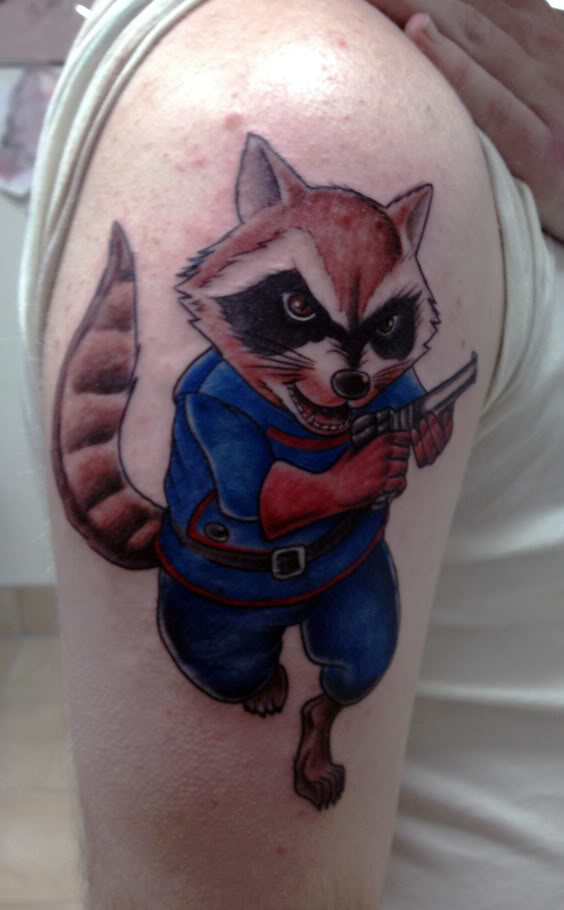 Gangster Raccoon Tattoo With Gun Tattoo On Half Sleeve