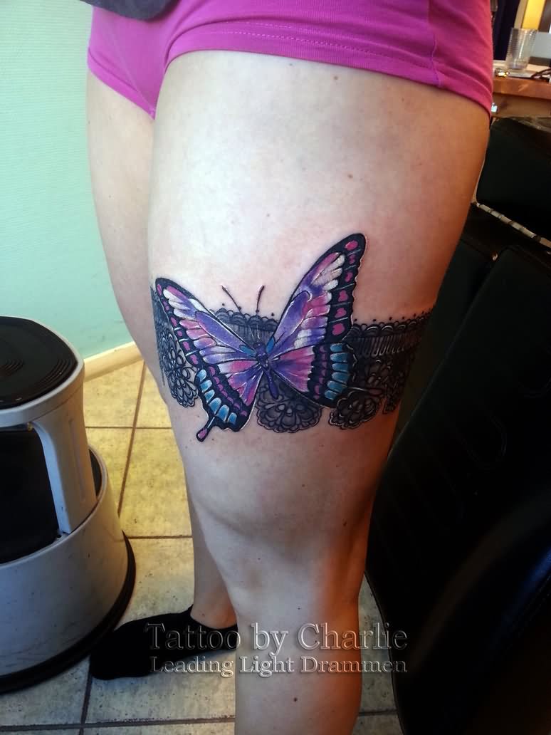 Garter With 3D Butterfly Tattoo On Girl Thigh By Charlie