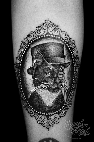Gentleman Cat Head In Frame Tattoo Design For Forearm