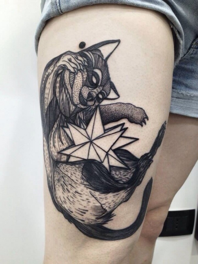 Geometric Raccoon Tattoo On Girl Right Thigh