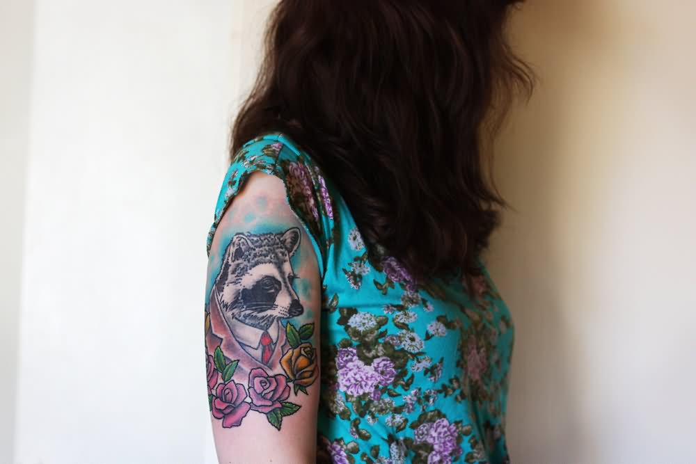 Girl Right Half Sleeve Rose Flowers And Raccoon Tattoo