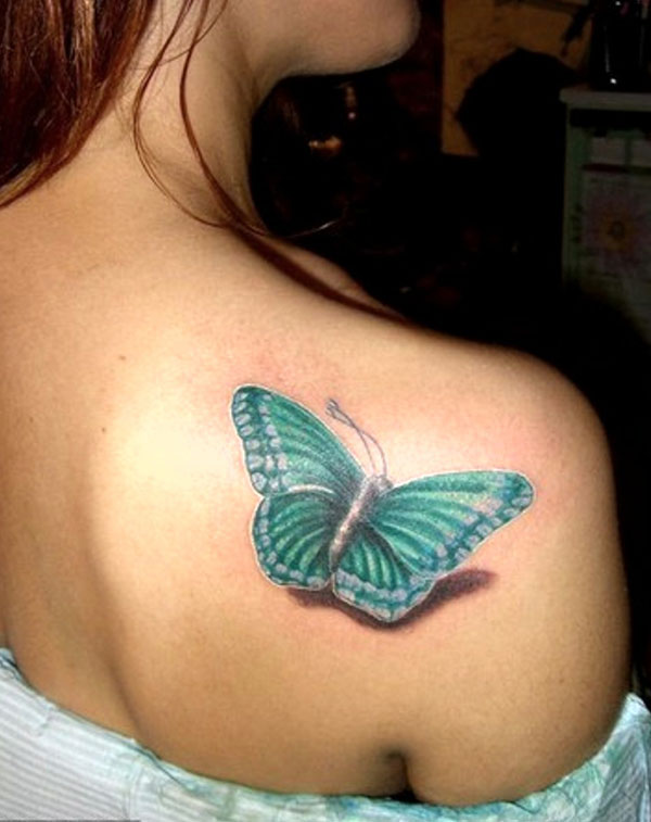 Green Ink 3D Butterfly Tattoo On Right Back Shoulder