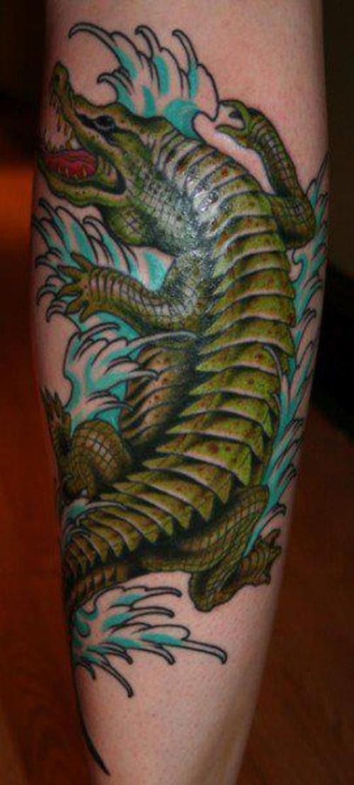 Green Ink Alligator Tattoo Design For Leg