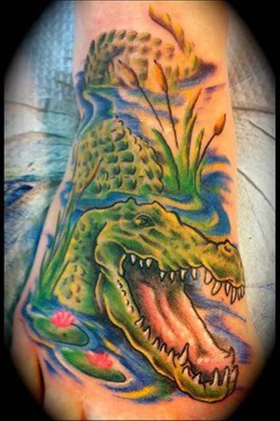 Green Ink Alligator Tattoo On Foot