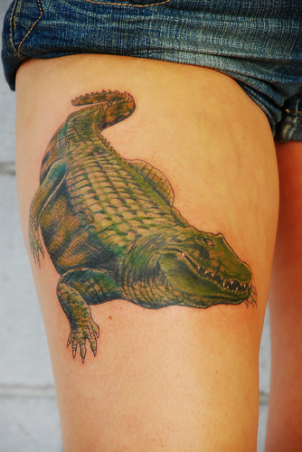 Green Ink Alligator Tattoo On Thigh