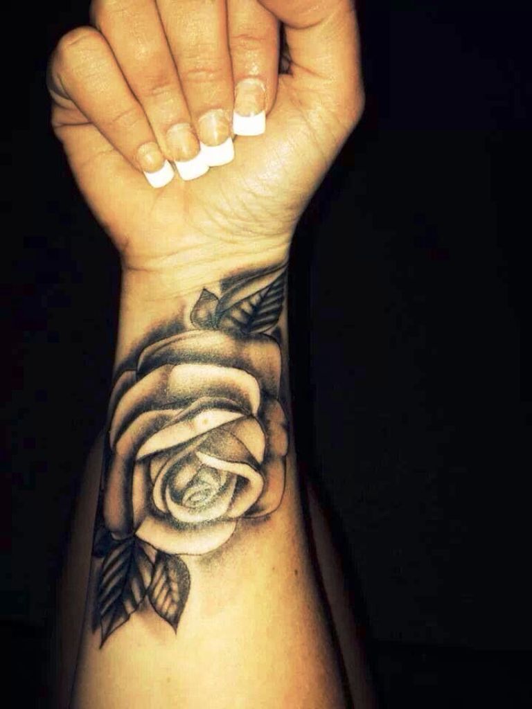 Grey And Black Rose Flower Tattoos On Wrist