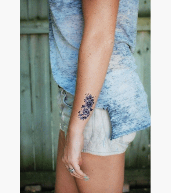 Grey Flowers Wrist Tattoo For Girls