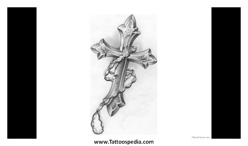 Grey Ink 3D Rosary Cross Tattoo Design