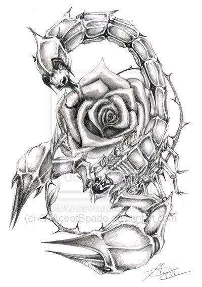 Grey Ink 3D Scorpion With Rose Tattoo Design