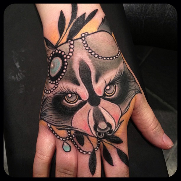 Grey Ink Raccoon Head Tattoo On Right Hand