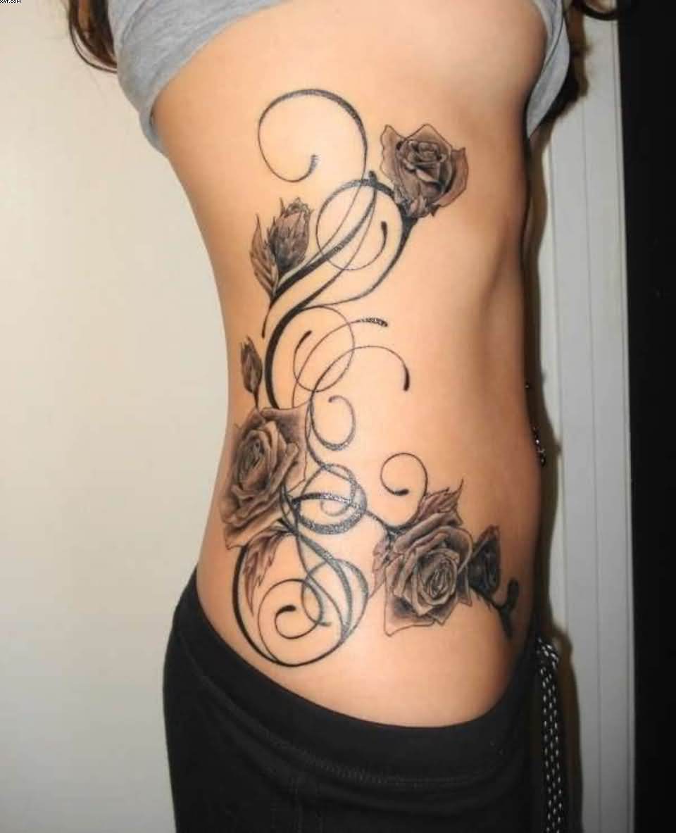 Grey Ink Rose Flowers Waist Tattoo For Girls