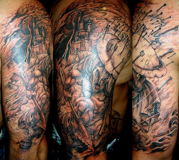 Grey Ink Spartan Tattoo On Man Half Sleeve