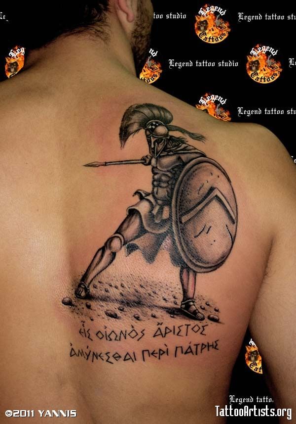 Grey Ink Spartan Tattoo On Man Right Back Shoulder