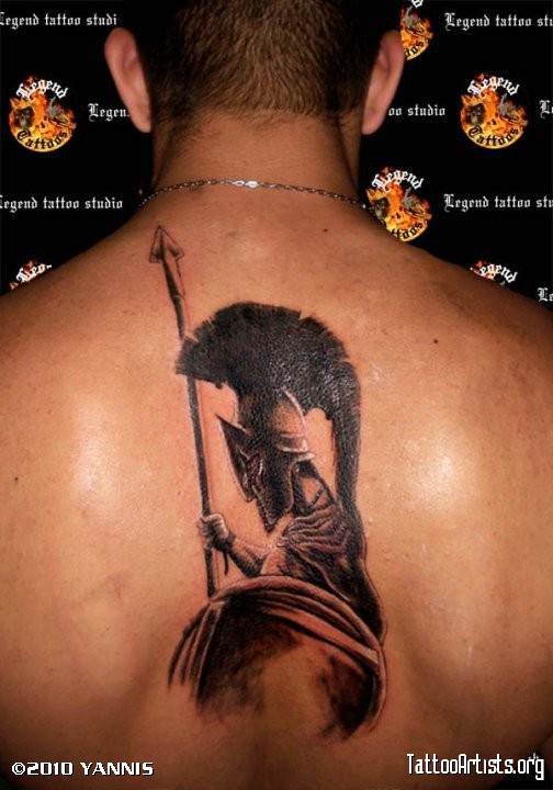 Grey Ink Spartan Warrior Tattoo On Back
