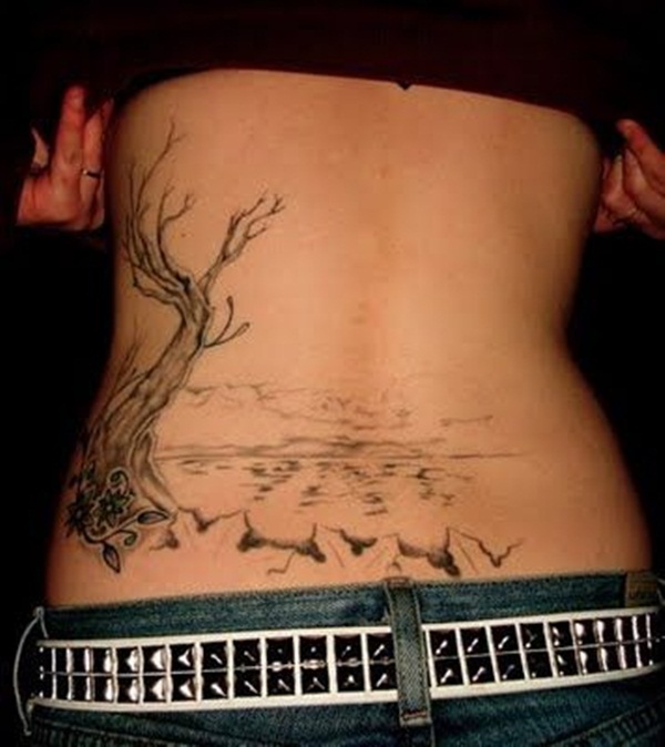 Grey Ink Tree Tattoo On Waist For Young Girls