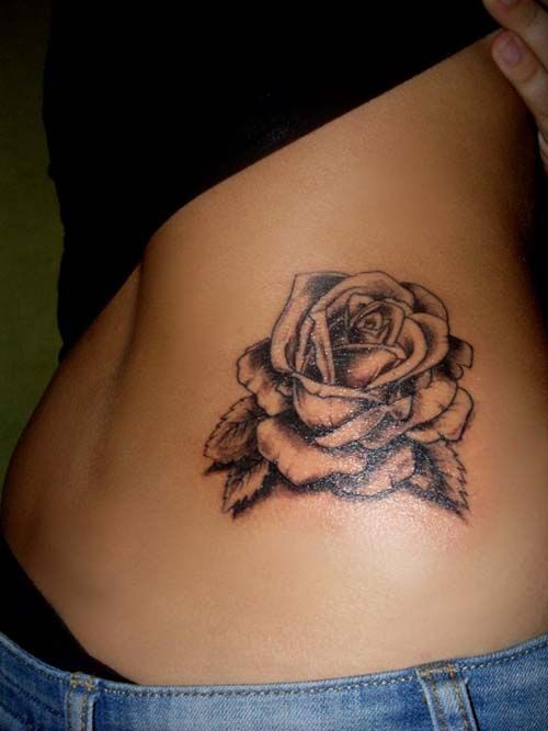 Grey Rose Tattoo On Girl Waist
