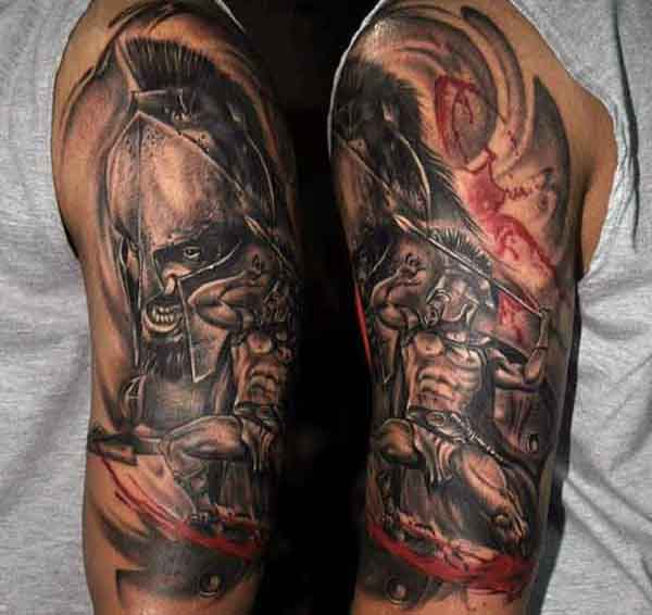 Grey Warrior Spartan Tattoo On Left Half Sleeve