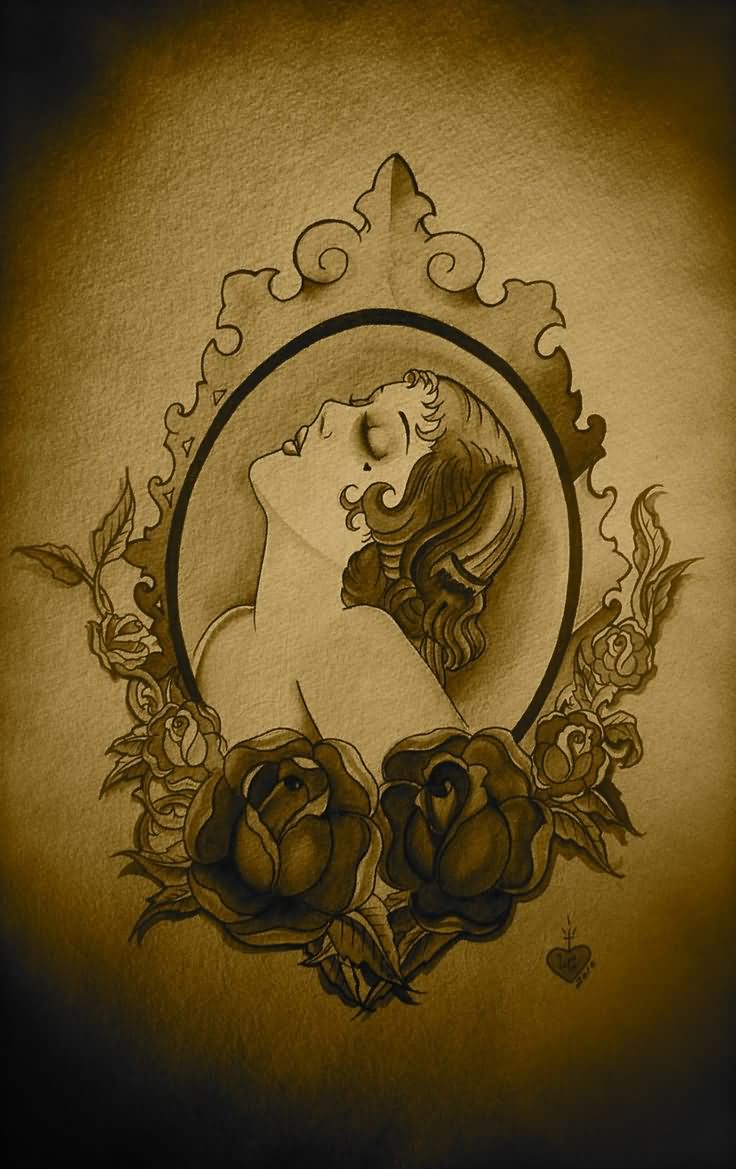 Gypsy In Frame With Roses Tattoo Design