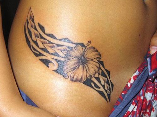 Hawaiian Flower Tattoo On Waist For Girls